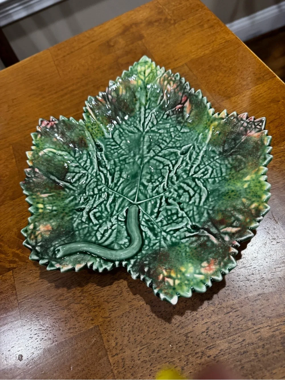 Bordallo Pinheiro Majolica Leaf Dish Green Orange Glaze Pottery Made in Portugal